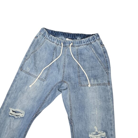 Distressed Light Wash Elastic Waist Denim Jogger Jeans W/ Drawstring By Mustard - Picture 5 of 5